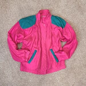 80's Vintage Silk Express Hot Pink and Teal 100% Silk Windbreaker Jacket Size Sm